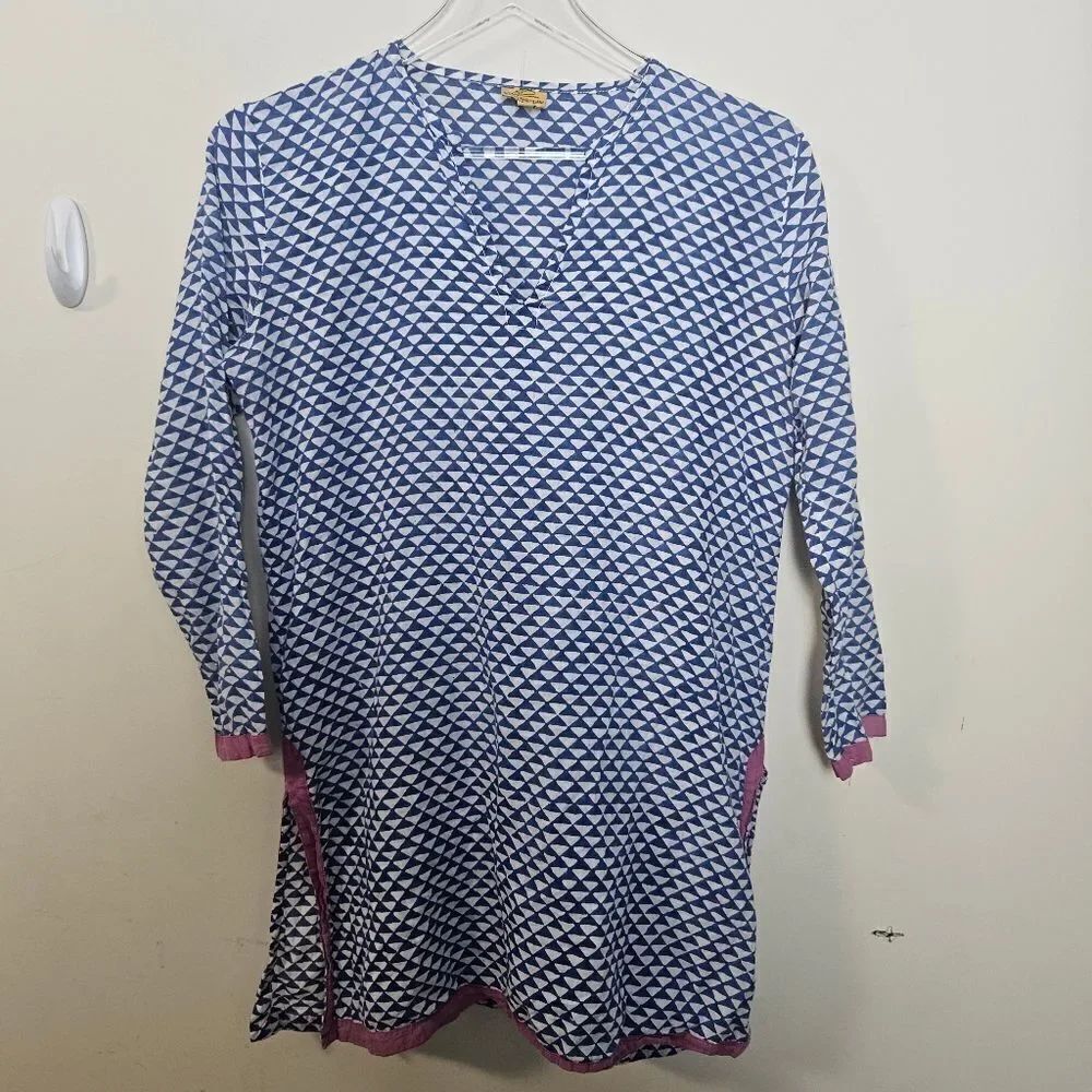Roberta Roller Rabbit Long Sleeve Blue Beach White Zig Zag Pink Pompom Detail XS
